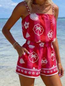 Vaclyn Women's Casual Vacation Style Palm Tree Print Camisole And Shorts Set - Red - View 6