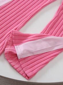 Genkimix Kids 3D立体花卉女童两件套：针织Polo背心和针织喇叭裤，撞色设计，夏季 - 玫紅色 - 查看 5