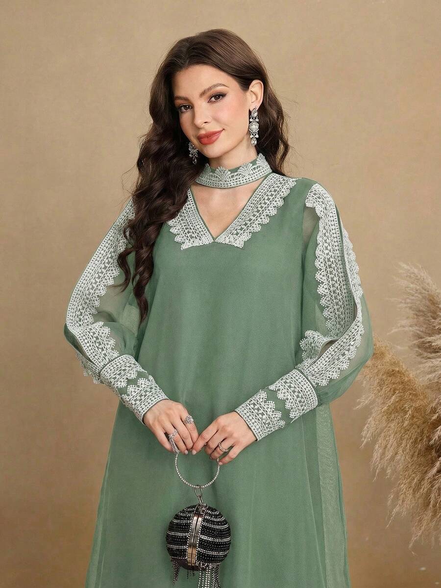 SHEIN Najma Đầm nữ thanh lịch với ren hoa và tay áo xẻ tà - Màu xanh Bạc hà - Xem 1