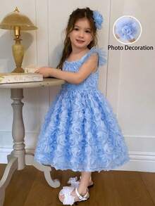 SHEIN Elladie kids 小女孩优雅3D立体花卉刺绣短袖连衣裙，公主裙，适合表演、派对、生日、婚礼等场合。 - 藍色 - 查看 4