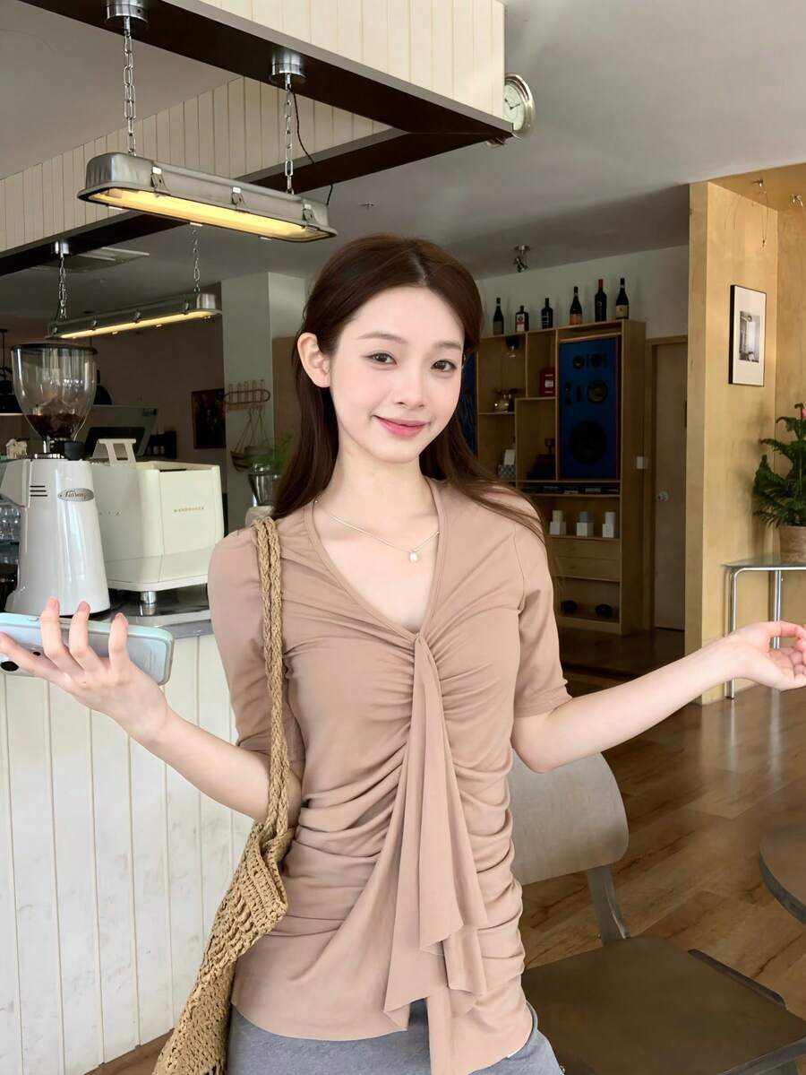 SHEIN K-Vae V-Neck Fitted Slimming Niche Elegant Blouse For Women - Baby Pink - View 1