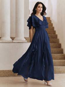 Anewsta 女士新款优雅藏蓝色多层裹身连衣裙，波浪形下摆，修身设计，适合派对、度假等场合 - 藏蓝色 - 查看 4