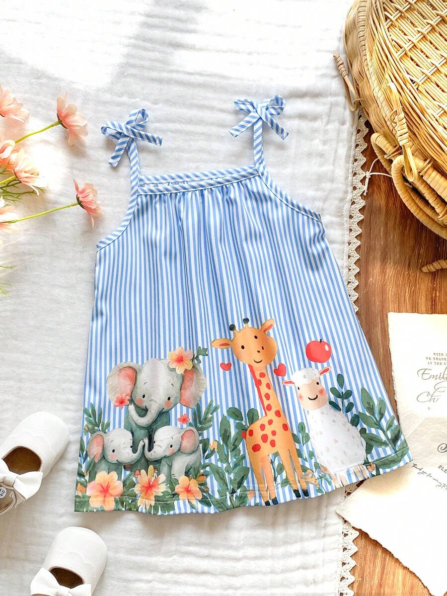 SHEIN Playful Pals 女婴服装 女婴连衣裙 全花卉图案 吊带蝴蝶结 夏季优雅清新连衣裙 - 藍色 - 查看 1