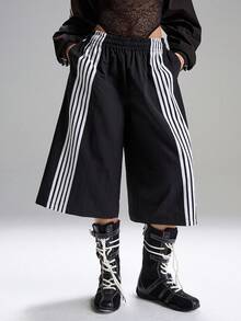 LYSMO 女士弹力腰侧条纹口袋宽松百慕大短裤 - 黑色 - 查看 3