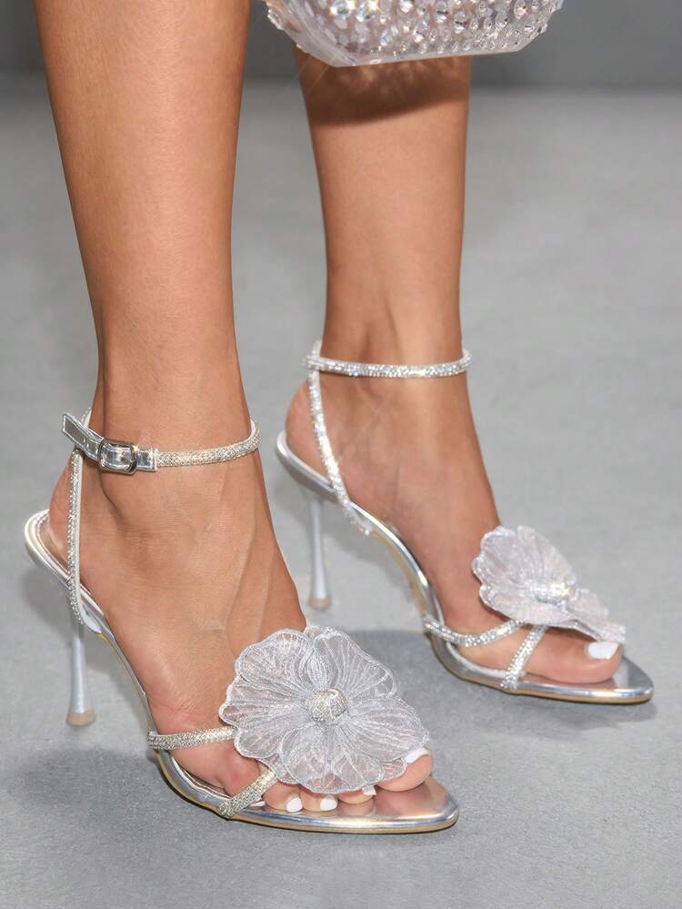 CUCCOO SZL Women Shoes Pointed Slender Heel Silver Rhinestone Strips Three-Dimensional Flowers Open-Toed Sexy Fashion Gorgeous Dress Banquet Party Nightclub Ladies High Heel Sandals