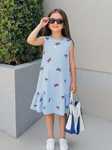 SHEIN 少女碎花束腰休闲连衣裙，时尚百搭，适合度假和拍照穿着 - 藍色 - 查看 1