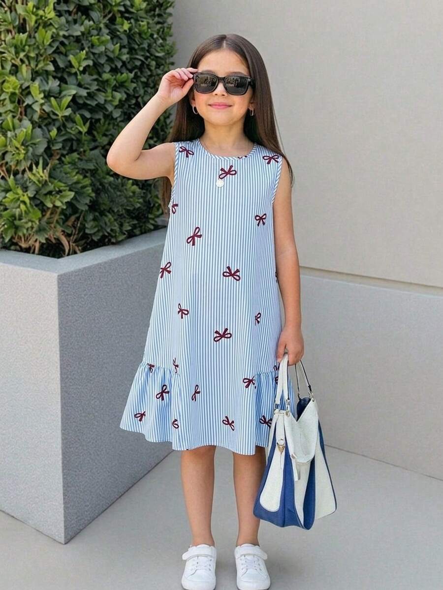 SHEIN 少女碎花束腰休闲连衣裙，时尚百搭，适合度假和拍照穿着 - 藍色 - 查看 1