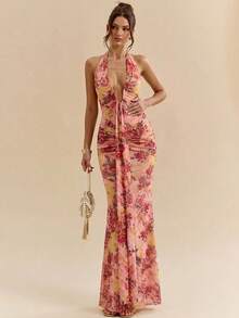 SHEIN BAE 女士优雅印花露背连衣裙，粉色碎花连衣裙，优雅连衣裙，度假连衣裙，伴娘礼服，生日派对礼服，返校/毕业礼服 - 粉色 - 查看 7