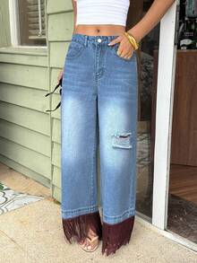 Sunnyshic Women's Casual Washed Distressed Fringe Hem Jeans - Blue - View 6
