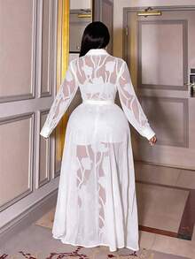 Maweii Vestido elegante de manga larga y transparente con botones delanteros para tallas grandes - Blanco - Ver 2