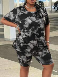 SHEIN CURVE+ 返校季休閒極簡黑色圖案兩件套，適合夏季戶外穿著，大尺碼，夏季運動正式度假穿搭 - 黑色 - 查看 8