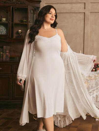 Côtesoire 法国南部成熟优雅蕾丝吊带睡袍，加大码睡衣两件套