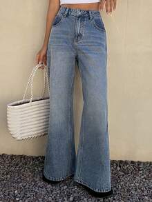 DAZY Women's High Waist Pockets Wide Leg Loose Casual Versatile Jeans - Blue - View 2