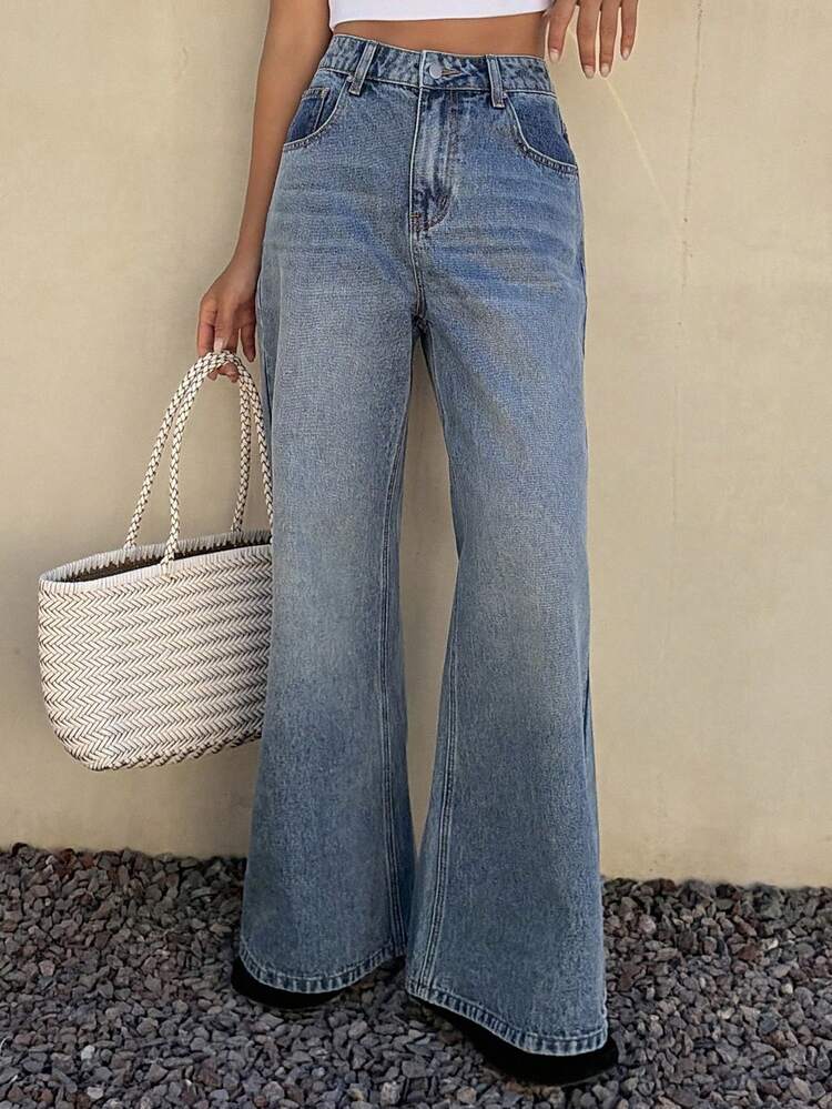 Women's High Waist Pockets Wide Leg Loose Casual Versatile Jeans