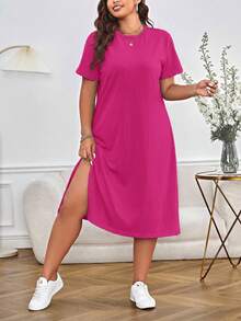 SHEIN Essnce Đầm hè dáng rộng, cổ tròn, tay ngắn, xẻ tà, kiểu dáng thường ngày. - Màu Hồng Tươi - Xem 6