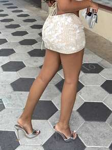 Alexandranx 音乐节亮片设计低腰百搭闪亮迷你裙（女士） - 杏色 - 查看 4