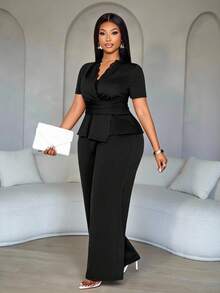 SOLERSUN Conjunto de top peplum elegante con cuello en V, detalle de encaje y plisado, combinado con pantalones de pierna ancha, adecuado para el trabajo y el transporte para mujeres de talla grande - Negro - Ver 1