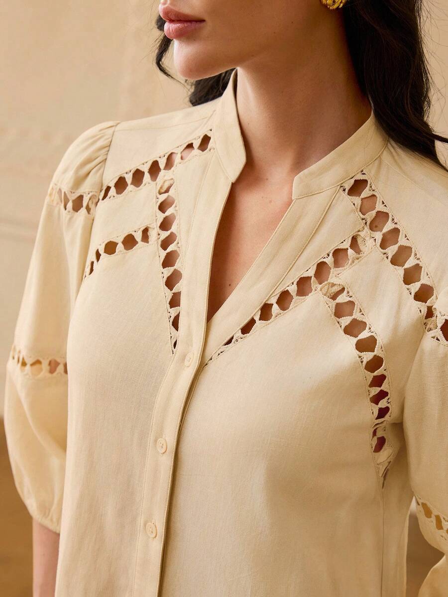 ZEYLAH 2pcs Linen Lace Patchwork Shirt And Mini Skirt Set, Spring/Summer - Apricot - View 1