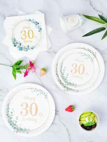 Bộ đồ dùng tiệc sinh nhật lần thứ 30 gồm đĩa, khăn ăn và cốc giấy dùng một lần họa tiết lá cây, phục vụ 24 khách. Bộ đồ dùng tiệc bằng giấy dùng một lần này phù hợp cho sinh nhật, đám cưới, tiệc theo chủ đề và dã ngoại gia đình. - Xem 4