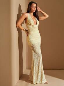 Silquee 女士优雅纯色蕾丝深V领露背吊带上衣，夏季 - 淡黃色 - 查看 9