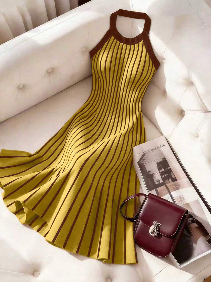 SHEIN Franclia 女士条纹休闲时尚吊带针织连衣裙 - 芥末黃 - 查看 1