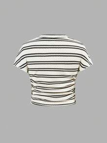 SHEIN Bộ đồ thể thao thường ngày thanh lịch dành cho bé gái tuổi teen, gồm áo tay ngắn xếp ly ôm sát người, chất liệu jacquard, kiểu dáng suông, thích hợp cho kỳ nghỉ. - trắng - Xem 7