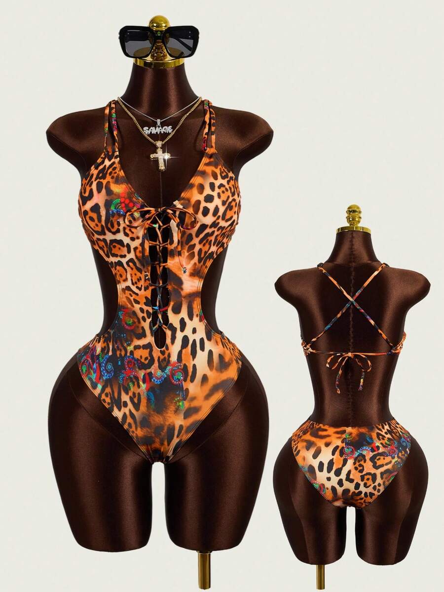 Zestiva Damen sexy Leoparden-Muster Hollow One-Piece Badeanzug, geeignet für Strand & Resort Wear, Sommer Damen Badeanzüge Damen Bademode Leoparden-Muster Badeanzug One Piece Badeanzug mit Schnürung vorne - Verschiedenfarbig - Übersicht 1
