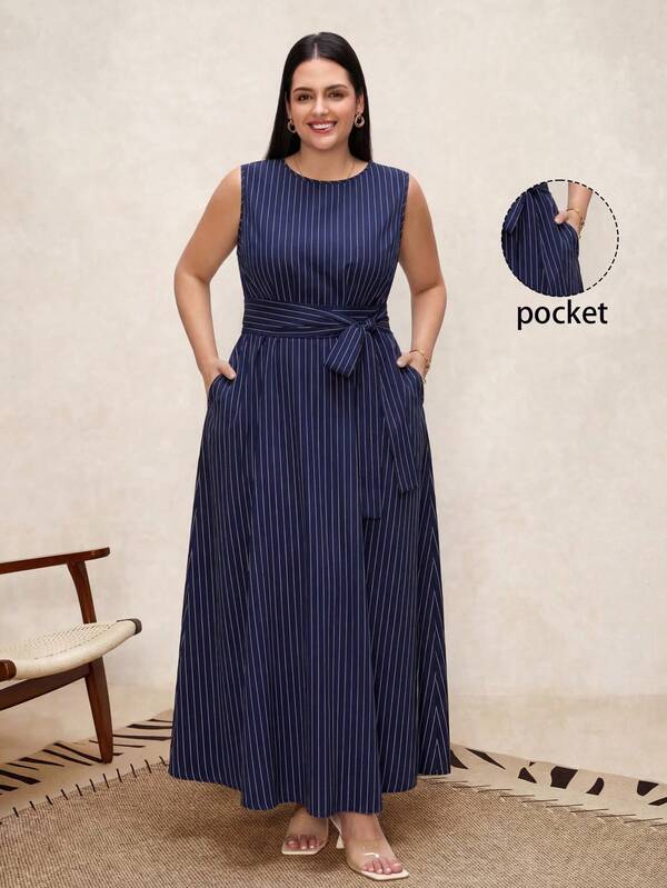 Chikora Plus Size Women Linen Striped Round Neck Waist Bow Pocket Sleeveless Loose Casual Dress, Suitable For Various Occasions, Casual, Commute And Travel,Business Casual Woman,Summer,Spring,Summer Outfits ,Summer Clothes,Summer Holiday Outfits,Spring Outfit Women,Spring Clothing,Spring Women,Summer Dress,Spring Dress, Elegant Dresses For Women ,Elegant Dress For Women,Elegant Dresses,Elegant Dresses For Party ,Elegant Long Dress ,Summer Dress,Spring Dress,Formal Formal Dress Formal Attire For Women Work Outfits For Women Office Outfits For Women Work Wear Women Office Wear For Women Business Professional Women Office Wear Women Office Attire For Women Work Dress