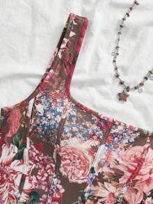 SHEIN VCAY 夏季大码优雅印花吊带背心 - 棕色 - 查看 4