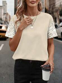 EMERY ROSE Women's Lace Print T-Shirt, Comfortable Casual Round Neck Short Sleeve, Suitable For Daily Wear - Apricot - View 4