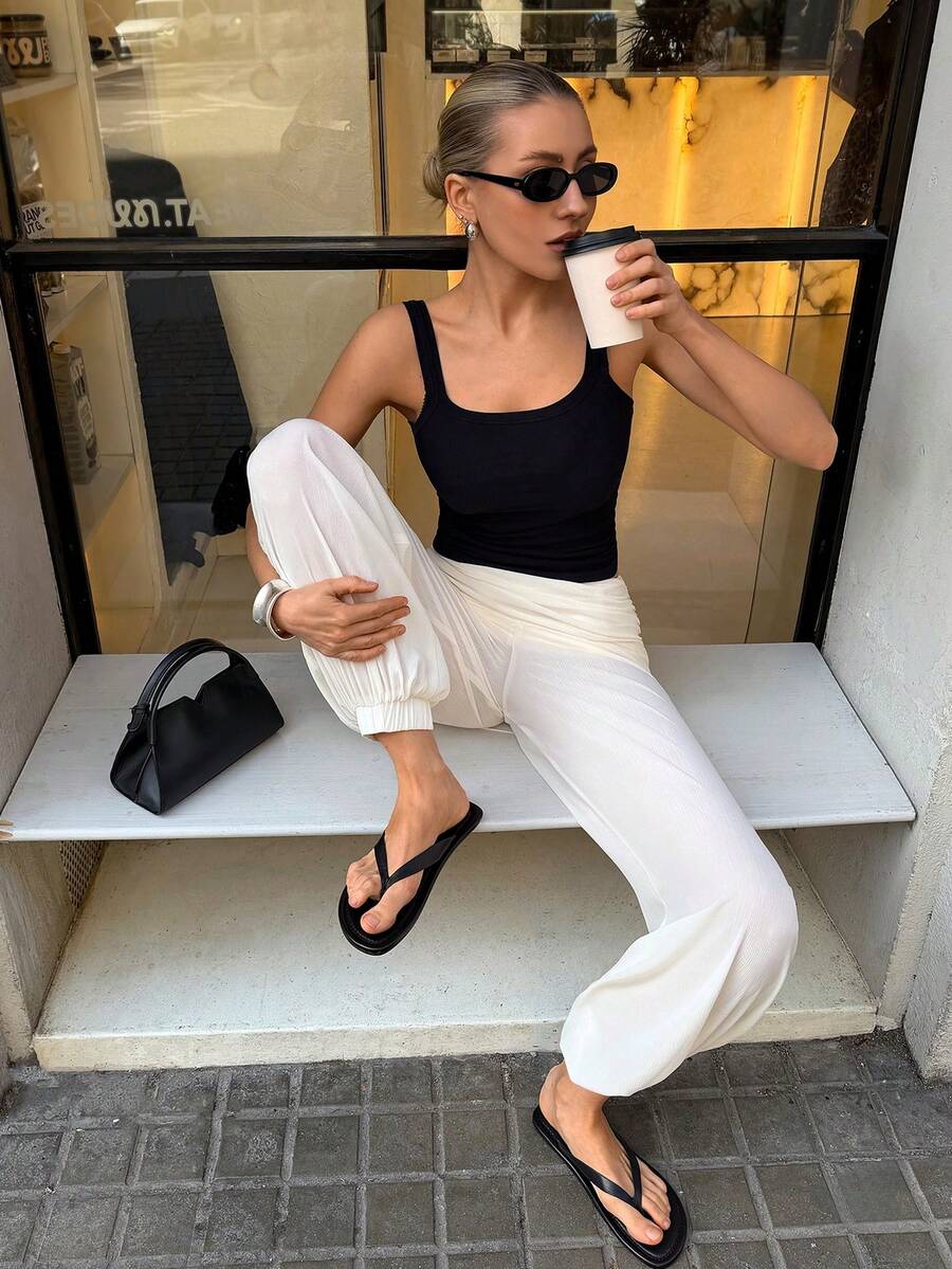 Siren Gaze 新款春夏纯色褶皱两件套灯笼裤（女款） - 杏色 - 查看 1