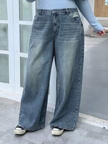 Dazy Plus Quần jean ống rộng rách rách cho nữ cỡ lớn, quần jean rộng thùng thình, quần áo trở lại trường - Rửa trung bình - Xem 5