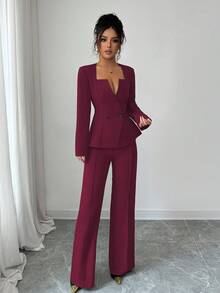 Elenzga 不对称领口收腰外套搭配直筒裤，优雅浪漫两件套女装 - 酒紅色 - 查看 5