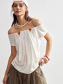 Bohemela Camiseta de mujer color crema blanco de verano estilo boho elegante para vacaciones, con hombros descubiertos, de punto con volantes romanos y detalles de cuentas, top de dos vías, casual y cómodo para la playa - Albaricoque - Ver 4