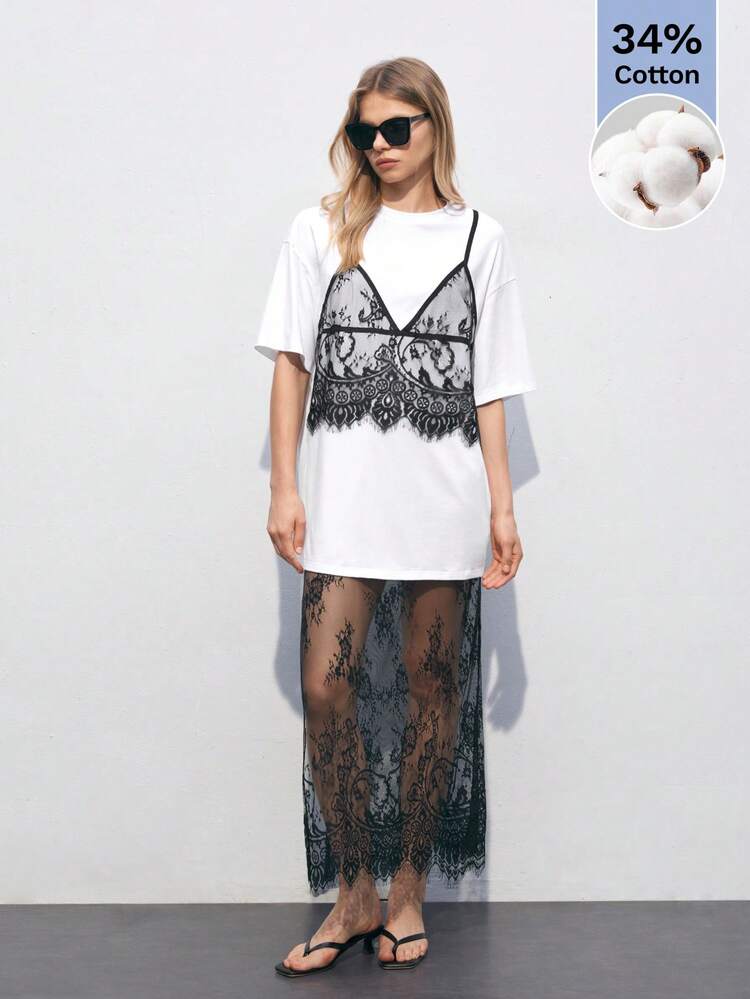 SHEIN Maija Conjunto de Top Decorado com Retalhos de Seda e Mini Saia para Primavera/Verão 2025, Outono Inicial, Dia da Independência de Julho, Sexy em Preto, Adequado para Férias, Lazer, Viagem