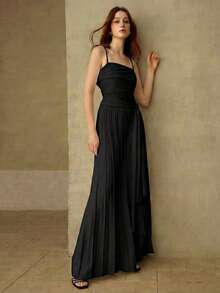 MOTF PREMIUM Bộ jumpsuit ống rộng, xếp ly, buộc dây, phối ren tinh tế, tương phản. - màu đen - Xem 1
