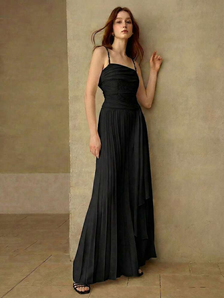 CONTRAST DELICATE LACE FOLD PLEATED FLOWY TIE-UP WIDE LEG JUMPSUIT