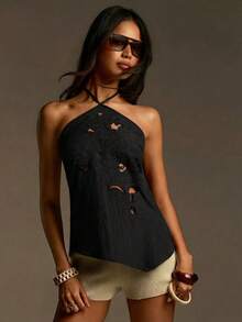 Athîral 女士休闲度假露肩无袖不对称下摆灰色上衣，春夏款 - 黑色 - 查看 2