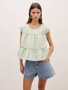 Nöista Women's Light Green And White Checkered Sleeveless Ruffled Top - Green - View 4