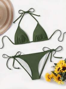 Swim Basics Set Pakaian Renang Bikini Seksi Wanita Musim Panas Warna Polos dengan Tali Leher untuk Pantai - Hijau Tentara - View 6