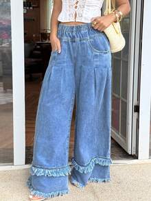 Sunnyshic Women's Elastic Waist Pocket Frayed Hem Wide Leg Loose Casual Jeans - Blue - View 1