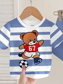 SHEIN Baby Boy Casual Minimalist T-Shirt Set Suitable For Summer, Classic Striped Print, Cute Cartoon 67 Football Bear Graphic Print - Multicolor - View 5