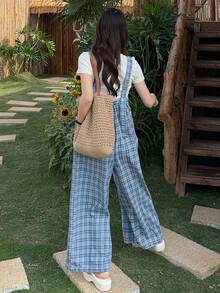DAZY 女士格子休闲水洗方格印花牛仔背带裤 - 中等水洗藍 - 查看 5