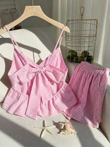 Comfortcana Rosa rutigt plusstorlek damlinne och shorts i 2-delat set - Rosa - Visa 2