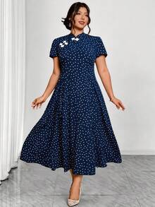 Elenzga Vestido elegante de manga corta con botones y estampado de lunares para mujer de talla grande, adecuado para el Día de San Valentín - Azul Marino - Ver 3