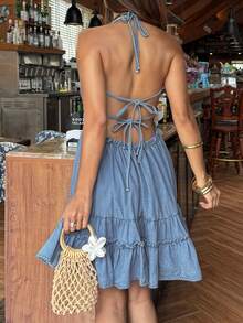 Sunnyshic Đầm denim nữ thắt nút, xếp ly, cổ yếm, hở lưng, thích hợp cho hẹn hò và tiệc tùng. - Màu xanh lam - Xem 2