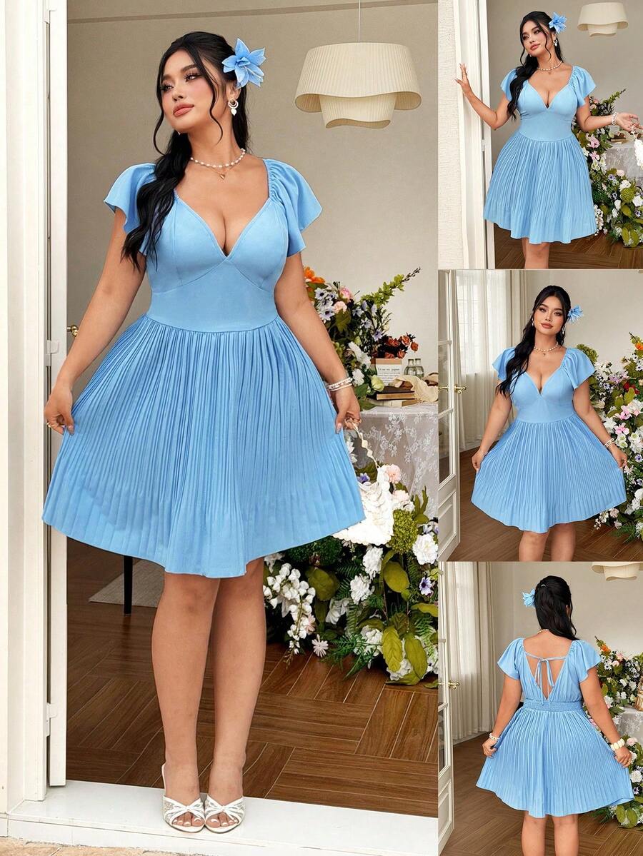 FleurLily Nuevo vestido de mujer con mangas con volantes y cuello en V profundo para primavera/verano, elegante y exquisito para uso diario y de oficina - Azul - Ver 1
