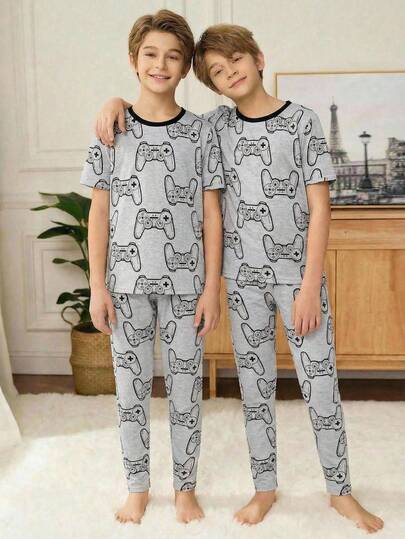 SHEIN Tween Boy Casual Minimalist Cartoon Game Console Print Short Sleeve T-Shirt And Pants 2-Piece Pajama Set, Suitable For Spring/Summer
