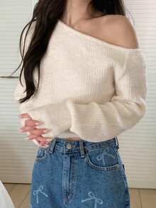 DAZY Women's Solid Color Oblique Shoulder Loose Knit Sweater, Spring And Autumn - Apricot - View 7