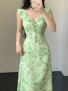 Celisse French Elegant Botanical Print Sleeveless Dress - Green - View 5